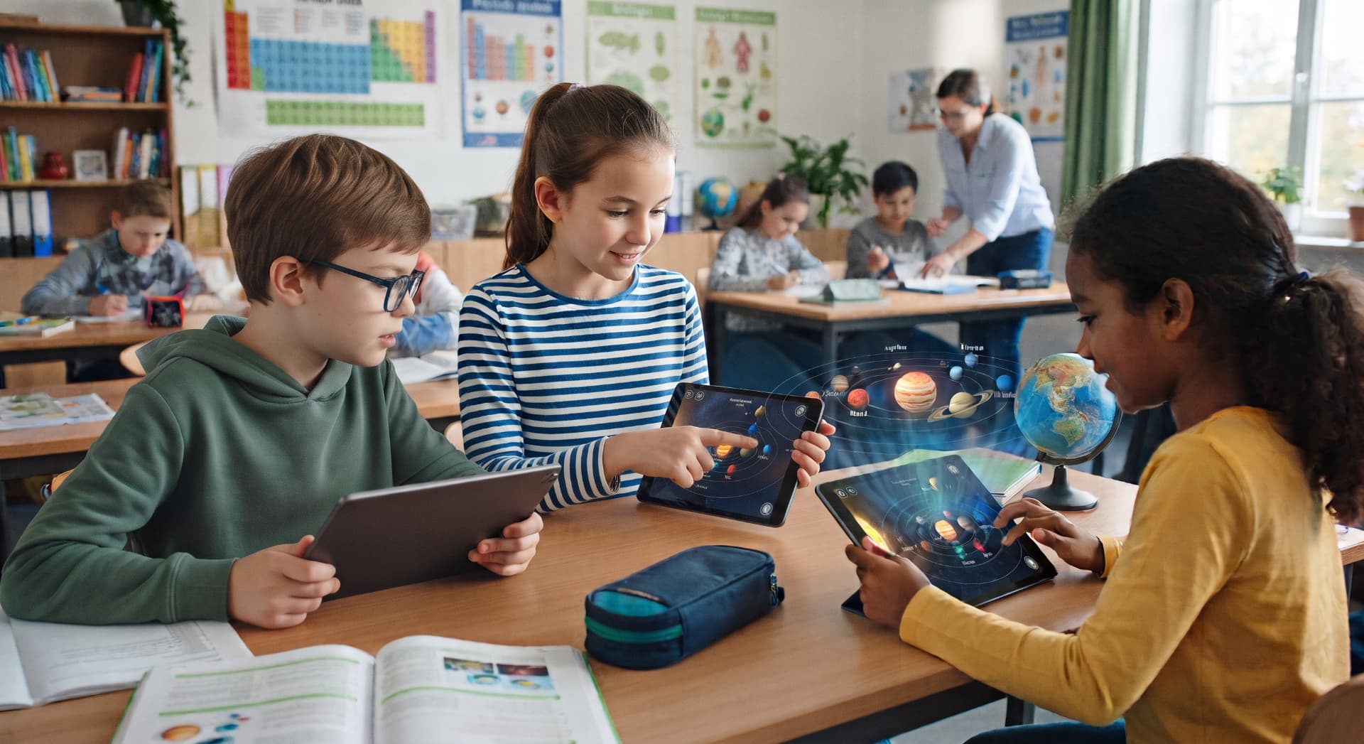 Students exploring the solar system together on tablets in a science classroom